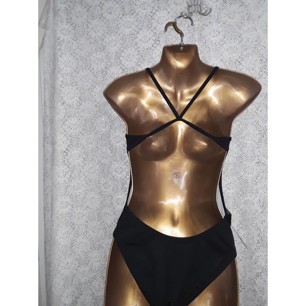 NWT Nike Sz S NESSA Black With White Swish Tank One Piece Swimsuit - Picture 5 of 11